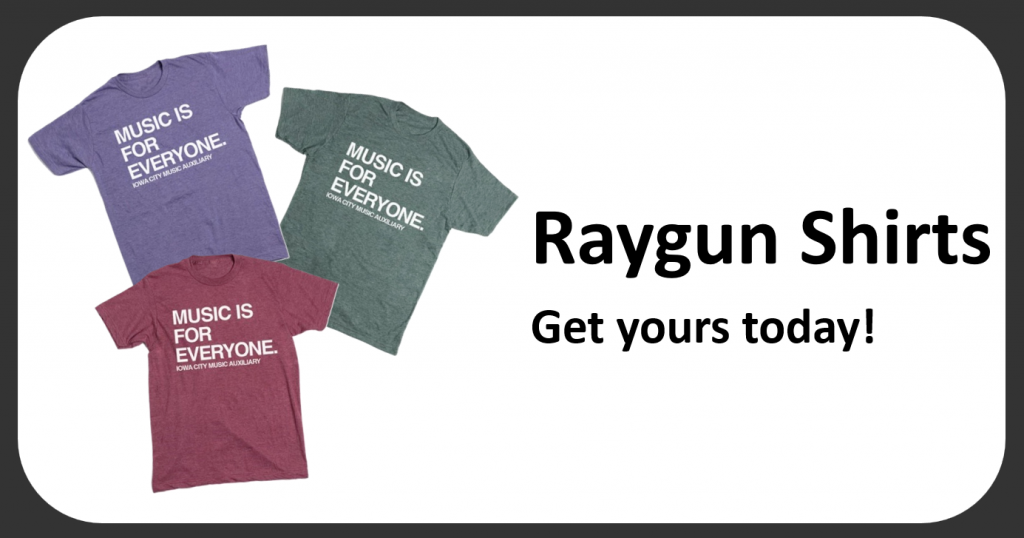 Red, green, and purple Raygun shirts saying Music Is for Everyone