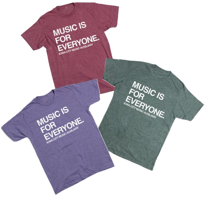 Red, green, and purple shirts saying Music Is for Everyone